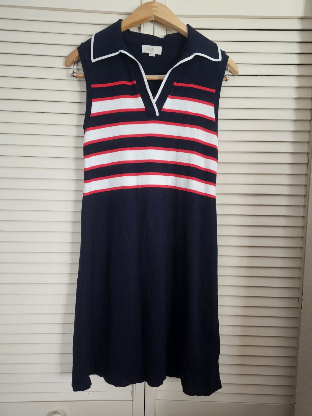 LOFT Navy Sleeveless Polo Dress with White and Red Stripes